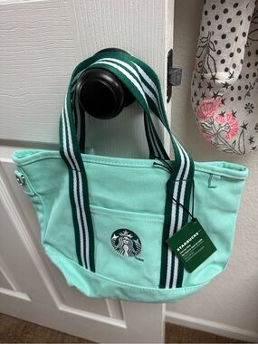 Starbucks Road Trip Mint Green Canvas Tote Bag with Striped Handles